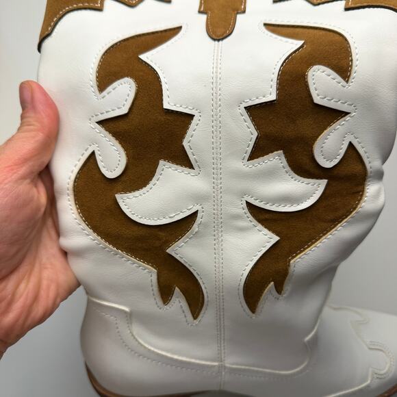 Women White Patchwork Cowboy Boots Wide Calf Western Cowgirl Mid Calf - Picture 7 of 11